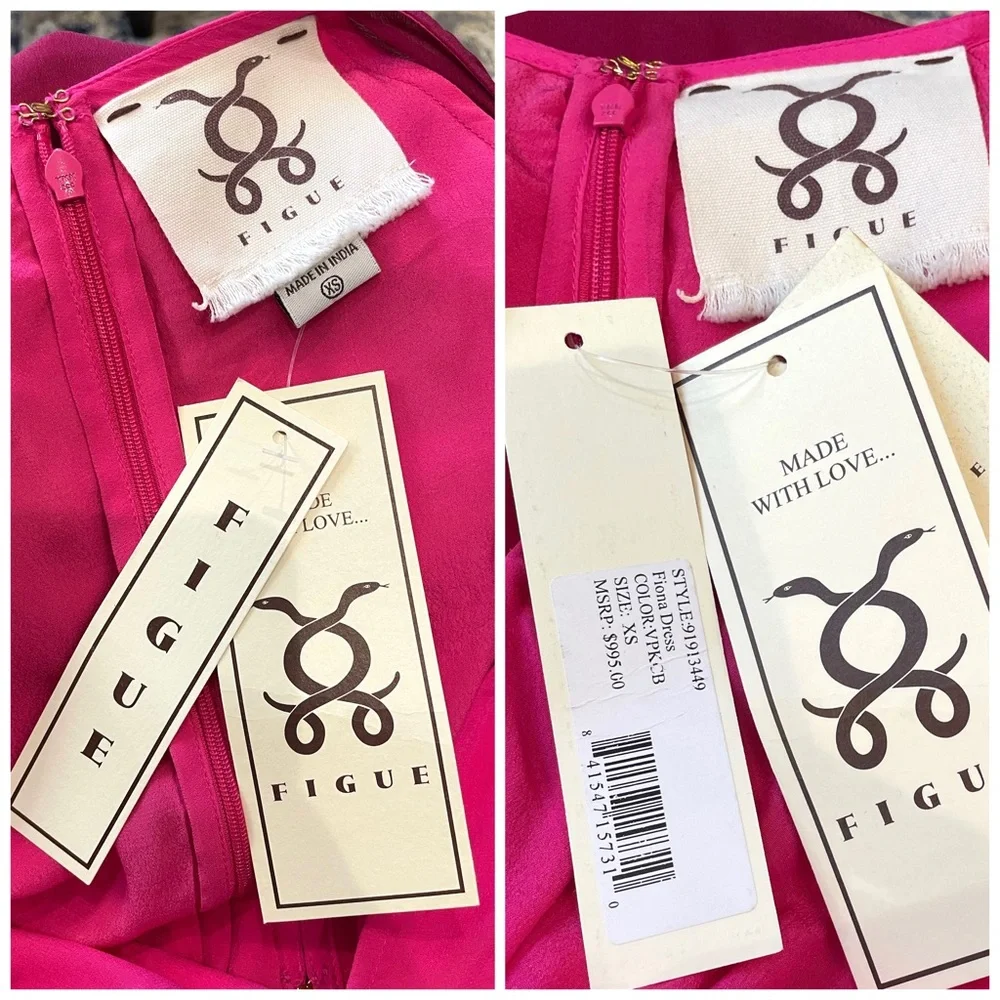 NWT Figue  Silk Crepe Colorblock Gold Sequin  Trim Midi Dress Bohemian Gypsy - Picture 15 of 16